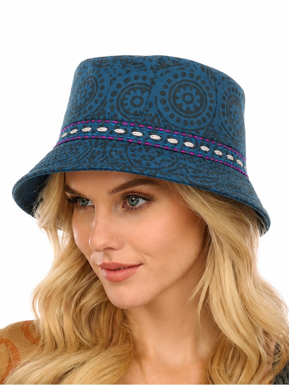 Natural Teal Patterned 100% Cotton Bucket Hat with Embroidered Band Size Large